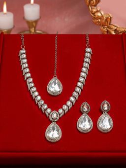 Zaveri Pearls - Women White Alloy Necklace with Earring and Maangtikka