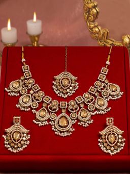 Zaveri Pearls - Women Yellow Alloy Necklace with Earring and Maangtikka