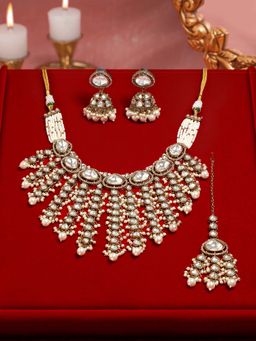 Zaveri Pearls - Women White Alloy Necklace with Earring and Maangtikka