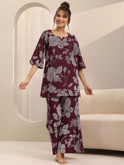 Libas - Burgundy Floral Printed Kurti with Printed Pyjama