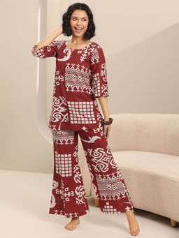 Libas - Rust Ethnic Motif Printed Kurti with Printed Pyjama