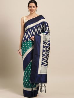 Stylee LIFESTYLE - Navy Blue Ikkat Silk Jacquard Saree With Blouse Piece