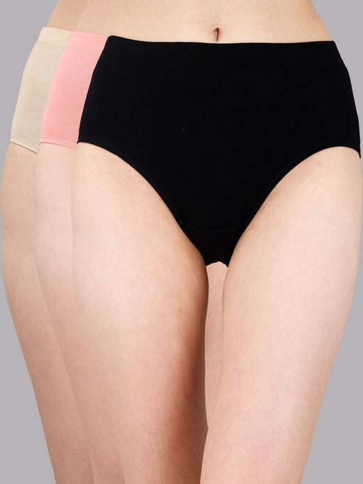SOIE Womens High Waist Full Coverage Solid Cotton Hipster Panty Multi-Color (Pack of 3)
