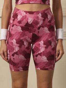 SOIE - Womens High Waist Knee Length Quick Dry Printed Sports Shorts Maroon
