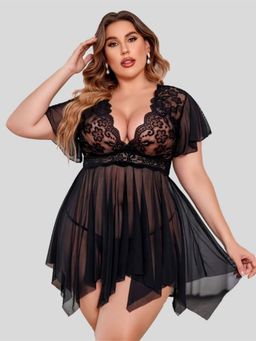 Herryqeal - Babydoll Floral Lace Lingerie with Panty Black (Set of 2)