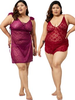 Secrets By ZeroKaata - Plus Size Women Self Design Babydoll with Thong Briefs Multi-Color