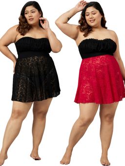 Secrets By ZeroKaata - Plus Size Self Design Short Babydoll with Thong Briefs Multi-Color