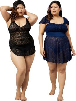 Secrets By ZeroKaata - Plus Size Women Self Design Babydoll with Thong Briefs Multi-Color