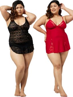 Secrets By ZeroKaata - Plus Size Women Self Design Babydoll with Thong Briefs Multi-Color