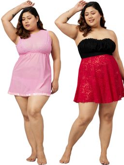 Secrets By ZeroKaata - Plus Size Women Lace Babydoll with Thong Briefs Multi-Color