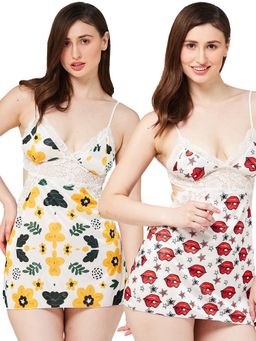 Secrets By ZeroKaata - Women Printed Babydoll with Thong Briefs Multi-Color