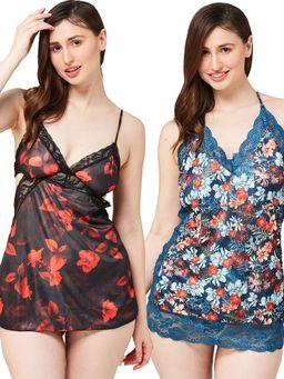 Secrets By ZeroKaata - Women Printed Babydoll with Thong Briefs Multi-Color