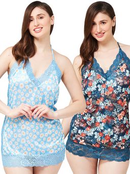 Secrets By ZeroKaata - Women Printed Babydoll with Thong Briefs Multi-Color