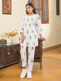 SAY - Printed Pure Cotton Round Neck Night Suit White (Set of 2)
