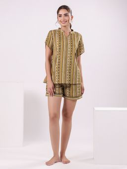 SAY - Women Striped Printed Cotton Night Suit Mustard (Set of 2)