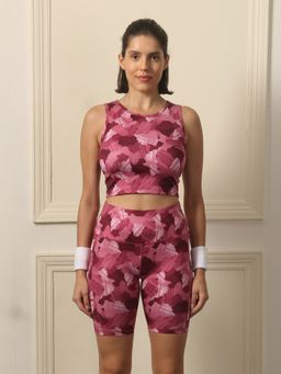 SOIE - Womens Quick Dry Printed Bra & High Waist Sports Shorts Maroon (Set of 2)