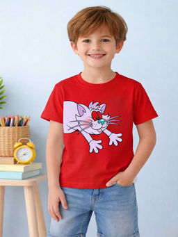 MALKIAT - Boys Red Happy Paws Cat Graphic Printed Cotton T-shirt