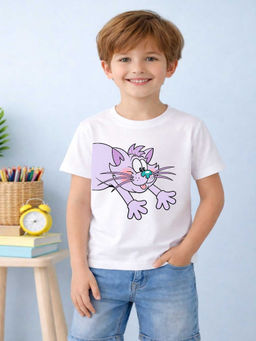 MALKIAT - Boys White Happy Paws Cat Graphic Printed Cotton T-shirt