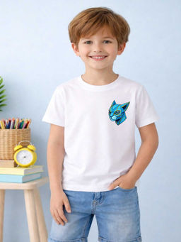 MALKIAT - Boys White Cyber Cat Graphic Printed Cotton T-shirt