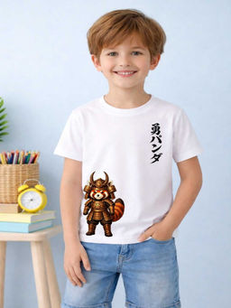 MALKIAT - Boys White Samurai Raccon Graphic Printed Cotton T-shirt