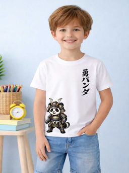 MALKIAT - Boys White Samurai Panda Graphic Printed Cotton T-shirt