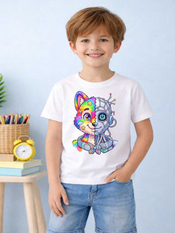 MALKIAT - Boys White Future Paws Graphic Printed Cotton T-shirt