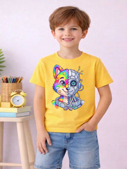 MALKIAT - Boys Yellow Future Paws Graphic Printed Cotton T-shirt