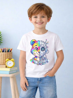 MALKIAT - Boys White Techno Teddy Graphic Printed Cotton T-shirt