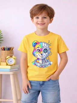 MALKIAT - Boys Yellow Techno Teddy Graphic Printed Cotton T-shirt