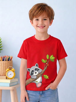 MALKIAT - Boys Red Happy Forest Friend Graphic Printed Cotton T-shirt