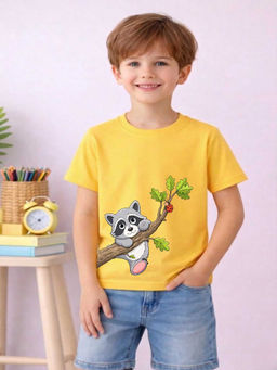 MALKIAT - Boys Yellow Happy Forest Friend Graphic Printed Cotton T-shirt