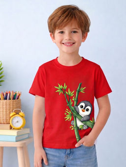 MALKIAT - Boys Red Bamboo Baby Penguin Graphic Printed Cotton T-shirt