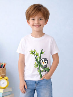 MALKIAT - Boys White Bamboo Baby Penguin Graphic Printed Cotton T-shirt