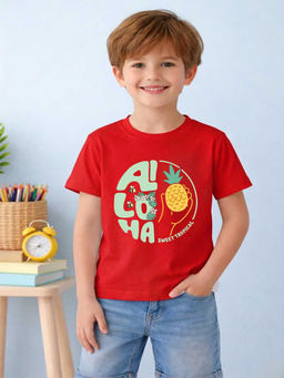 MALKIAT - Boys Red Sweet Summer Aloha Graphic Printed Cotton T-shirt