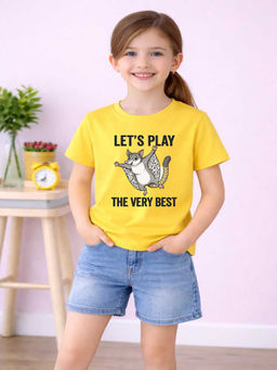 MALKIAT - Girls Yellow Play Glider Graphic Printed Cotton T-shirt