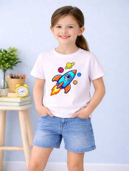 MALKIAT - Girls White Galaxy Ride Graphic Printed Cotton T-shirt