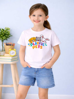 MALKIAT - Girls White Cute Tails Graphic Printed Cotton T-shirt