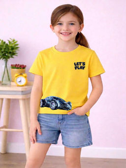 MALKIAT - Girls Yellow Future Motion GT Graphic Printed Cotton T-shirt