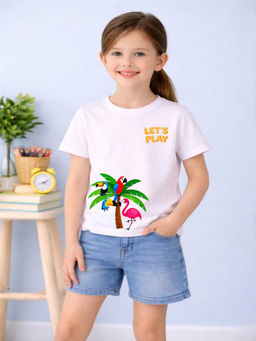 MALKIAT - Girls White Birds of Paradise Graphic Printed Cotton T-shirt
