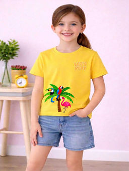MALKIAT - Girls Yellow Birds of Paradise Graphic Printed Cotton T-shirt
