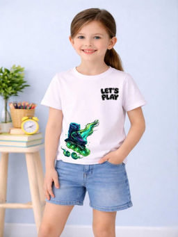 MALKIAT - Girls White Skate Blaze Mode Graphic Printed Cotton T-shirt