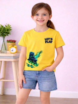 MALKIAT - Girls Yellow Skate Blaze Mode Graphic Printed Cotton T-shirt