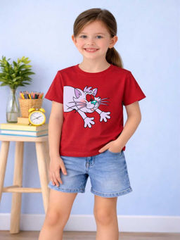 MALKIAT - Girls Red Happy Paws Cat Graphic Printed Cotton T-shirt