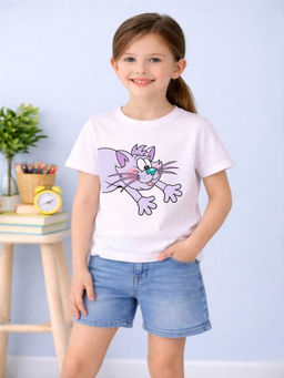MALKIAT - Girls White Happy Paws Cat Graphic Printed Cotton T-shirt