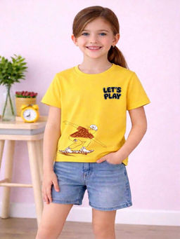 MALKIAT - Girls Yellow Board Rush Graphic Printed Cotton T-shirt