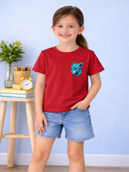 MALKIAT - Girls Red Cyber Cat Graphic Printed Cotton T-shirt