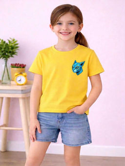 MALKIAT - Girls Yellow Cyber Cat Graphic Printed Cotton T-shirt