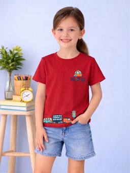 MALKIAT - Girls Red City Ride Graphic Printed Cotton T-shirt