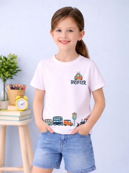 MALKIAT - Girls White City Ride Graphic Printed Cotton T-shirt