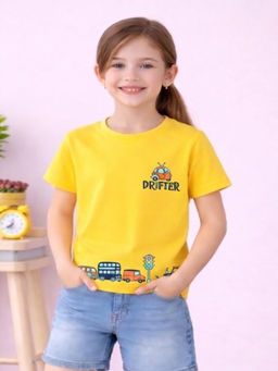 MALKIAT - Girls Yellow City Ride Graphic Printed Cotton T-shirt